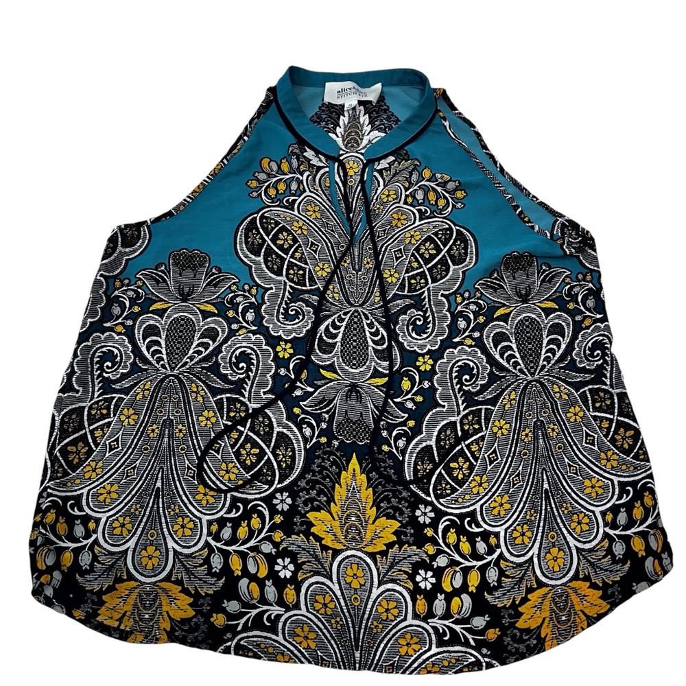 Alice Blue Stitch Fix Teal Floral Halter Top XL Boho Print Blouse‎
